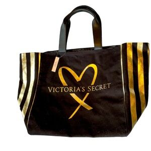 NWT Victoria’s Secret Black & Gold Canvas Tote Bag w/ Faux Leather Handles